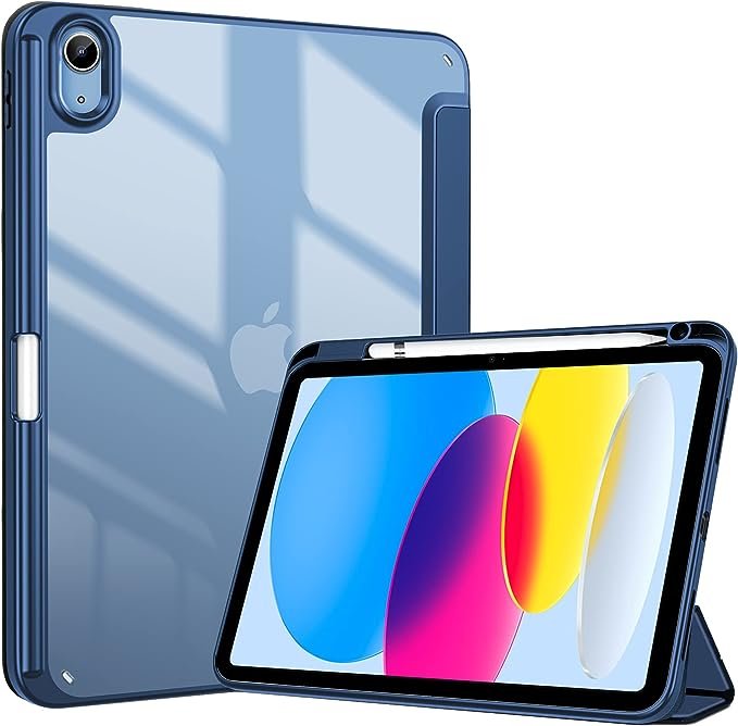 ProCase for iPad 10th Gen Case with Pencil Holder 2022 iPad 10.9 Inch Case, Clear Transparent Back Shell Trifold Protective Cases Shockproof Cover for 2022 iPad 10th Gen A2696 A2757 A2777 -Navy